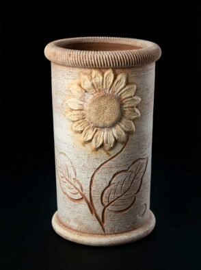 Portaombrelli con Girasole in terracotta galestro realizzato a mano a Gualdo Tadino
